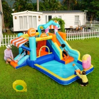 Castillo Hinchable para Niños con Tobogán Acuático y Trampolín, Parque Acuático Multifuncional con Fuente y Pistolas de Agua, 395x340x236 cm, Azul(m-2)