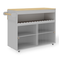 Carro de Isla de Cocina Plegable con Puertas Correderas de Vidrio Templado, Estantes Ajustables y Soporte para Toallas, 122x46x91 cm, Gris