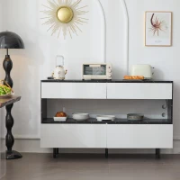 Buffet au design marbre noir avec espace de rangement ouvert, 4 tiroirs et éclairage LED, 150x35x89,5 cm, Blanc＋Noir(m-1)
