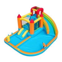 Château gonflable multifonctionnel avec toboggan aquatique, trampoline, panier de basket et pistolet à eau, pour utilisation sèche et humide, 460x343x190 cm, Orange(m-6)