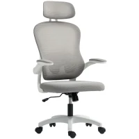 HOMCOM Chaise de Bureau Ergonomique avec Dossier en Maille, Réglable en Hauteur, Accoudoirs Relevables, 5 Roulettes, Fonction Bascule, Gris(m-7)
