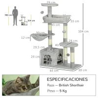 PawHut Rascador para Gatos Altura 104 cm Árbol para Gatos con Postes de Sisal Cueva Plataformas y Bolas Colgantes Gris Claro(m-3)