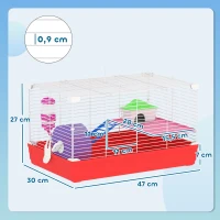PawHut Jaula para Hámster con Plataforma con Caseta Comedero Bebedero y Rueda de Ejercicio 47x30x27 cm Blanco y Rojo(m-3)