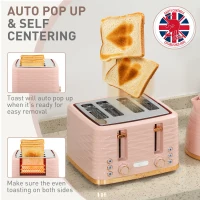 HOMCOM 3000W 1.7L Kettle & 4 Slice Toaster, Kettle and Toaster Set with 7 Browning Controls and Crumb Tray, Light Pink(m-6)
