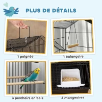 PawHut Cage à oiseaux sur pied, volière sur roulettes avec balançoire, support, design maison, 50,5 x 41 x 163 cm en acier noir(m-4)