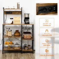 HOMCOM Estante de Cozinha com Ficha 2 Carregadores Prateleira Ajustável USB 5 Gancho em S e Cesta Amovível 90x42x130 cm Marrom Rústico(m-4)