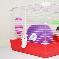 PawHut Jaula para Hámster con Plataforma con Caseta Comedero Bebedero y Rueda de Ejercicio 47x30x27 cm Blanco y Rojo(m-9)