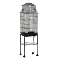 PawHut Cage à oiseaux sur pied, volière sur roulettes avec balançoire, support, design maison, 50,5 x 41 x 163 cm en acier noir(m-12)