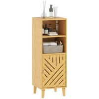 HOMCOM Badezimmerschrank Schmaler Badezimmer-Beistellschrank mit 2 Offenen Regalen Bambustür und -Beine 32x30x90 cm Natur(m-6)