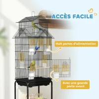 PawHut Cage à oiseaux sur pied, volière sur roulettes avec balançoire, support, design maison, 50,5 x 41 x 163 cm en acier noir(m-6)
