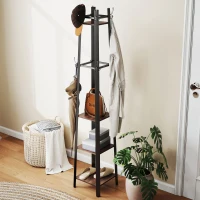 HOMCOM Garderobenständer mit 4 Ebenen, freistehender Kleiderständer, 8 Haken, 4 Regale, Industrie-Stil, Metall, Spanplatte, Braun(m-8)