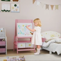 AIYAPLAY Lavagna per Bambini 3 in 1 con Cavalletto, Rotolo di Carta e 2 Cestelli, in Legno, 54x46x94 cm, Rosa(m-2)