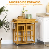 HOMCOM Juego de Mesa Alta de Bar y 2 Taburetes con Ruedas Mesa Plegable de Cocina con Taburetes 82,5x75,5x83,5 cm Marrón(m-7)
