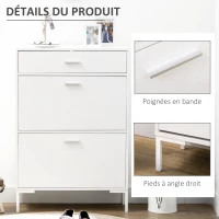 HOMCOM Meuble à chaussures 12 paires, armoire à chaussures étroite 2 tiroirs rabattables et 1 tiroir 75 x 26 x 110 cm, blanc(m-7)
