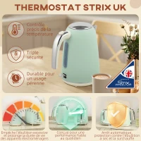 HOMCOM Ensemble bouilloire et grille-pain, bouilloire en acier inoxydable 1,7 L et 2200 W et grille-pain à 2 tranches, vert(m-5)
