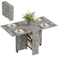 HOMCOM Mesa de Cocina Plegable con Ruedas 2 Estantes de Almacenaje y 2 Alas Abatibles Estilo Moderno 75x140x74 cm Gris Cemento(m-10)