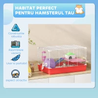 PawHut Cusca pentru Hamsteri cu 2 Nivele din Metal si PP cu Casuta, Rezervor de apa, Roti si Farfurioare, 47x30x27 cm, Rosu si Alb(m-7)