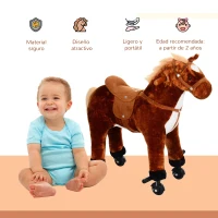 HOMCOM Caballo de Juguete para Niños de +2 Años con Ruedas Sonidos y Estructura de Metal Carga 60kg 65x28x75 cm Marrón(m-6)