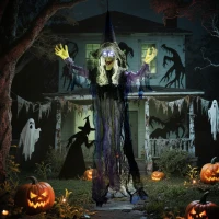 Outsunny 183cm Halloween Dekoration Hängende Halloween Hexe mit LED-Lichter, Soundfunktion verstellbare Arme, Mund(m-2)