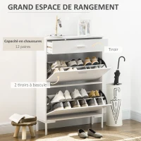 HOMCOM Meuble à chaussures 12 paires, armoire à chaussures étroite 2 tiroirs rabattables et 1 tiroir 75 x 26 x 110 cm, blanc(m-4)