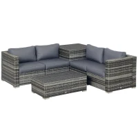 Outsunny 6PC Rattan Corner Sofa Set Wicker 4 Seater Garden Storage Coffee Table Conversation Ottoman Outdoor Weave Furniture w/ Cushion Grey(m-10)