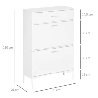 HOMCOM Meuble à chaussures 12 paires, armoire à chaussures étroite 2 tiroirs rabattables et 1 tiroir 75 x 26 x 110 cm, blanc(m-3)
