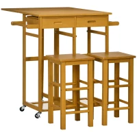 HOMCOM Ensemble Table de Bar Haute et 2 Tabourets avec Roulettes Table Pliante de Cuisine avec Tabourets 82,5x75,5x83,5 cm Marron(m-6)
