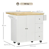 HOMCOM Küchenwagen, Kücheninsel mit erweiterbarer Arbeitsplatte, Servierwagen, Küchenschrank mit Rollen, Schublade und verstellbares Regal, Gummiholz, MDF, Weiß+Natur, 111,5 x 45-75 x 89 cm(m-3)
