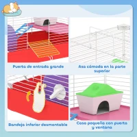 PawHut Jaula para Hámster con Plataforma con Caseta Comedero Bebedero y Rueda de Ejercicio 47x30x27 cm Blanco y Rojo(m-5)