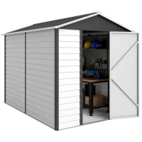Outsunny 9x 6FT Metal Outdoor Garden Shed, Galvanised Tool Storage Shed w/ Sloped Roof, Lockable Door for Patio Lawn, Dark Grey(m-11)