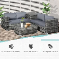 Outsunny 6PC Rattan Corner Sofa Set Wicker 4 Seater Garden Storage Coffee Table Conversation Ottoman Outdoor Weave Furniture w/ Cushion Grey(m-4)
