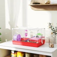 PawHut Jaula para Hámster con Plataforma con Caseta Comedero Bebedero y Rueda de Ejercicio 47x30x27 cm Blanco y Rojo(m-2)