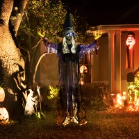 Outsunny 183cm Halloween Dekoration Hängende Halloween Hexe mit LED-Lichter, Soundfunktion verstellbare Arme, Mund(m-9)