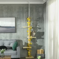 PawHut 242cm Adjustable Floor-To-Ceiling Cat Tree, with Artificial Decoration, Perches, Anti-Slip Kit - Yellow(m-13)