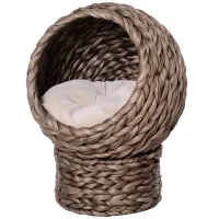 PawHut Elevated Kitten Hooded Rattan Cat House Basket Cushion, 42x33x52cm Brown(m-10)