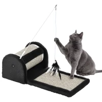 PawHut Arranhador para Gatos com Rolo Placa para Arranhar Revestidos de Sisal Natural e Brinquedo Suspenso Centro de Atividades para Animais de Estimação 44x24x16 cm Cinza(m-10)