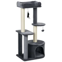 PawHut Rascador para Gatos con Postes de Sisal y Felpa Suave con Cama Cueva Plataformas Bola y Pluma 48x35x100 cm Gris y Beige(m-10)