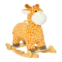 HOMCOM Jouet à Bascule Girafe et Porteur sur roulettes 2 en 1 Fonction sonore mugissement Bois peuplier Peluche Courte Polyester tacheté(m-1)