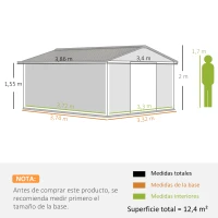 Outsunny Cobertizo de Jardín 12,4 m² 340x386x200 cm con 2 Puertas Corredizas Base Refuerzo (Suelo NO Incluido) Gris Oscuro(m-3)