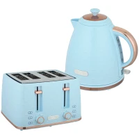 HOMCOM Kettle and Toaster Set, 1.7L 3000W Fast Boil Jug Kettle, 4 Slice Toaster with 7 Level Browning Controls, Light Blue(m-1)