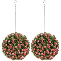 HOMCOM Set of 2 Decorative Artificial Plants, UV-protected Artificial Plant Topiary Rose Balls, Fake Plants for Home Indoor outdoor Decor, 28cm, Pink(m-10)