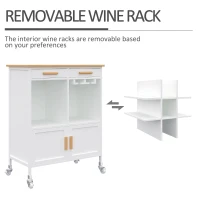 HOMCOM Rolling Kitchen Cart, Kitchen island with 9-bottle Wine Rack, Glass Holder, Serving Trolley with Wood Top, Drawer and Cabinet, White(m-7)