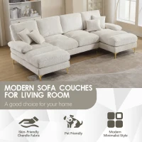 U-Shaped Modular Sofa with Pillows, Rubber Pads, Double Chaise, Chenille Fabric Sectional Couch for Living Room, 272L x 136W x 88H cm, Beige(m-4)
