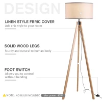 HOMCOM 5FT Elegant Wood Tripod Floor Lamp Free Standing E27 Bulb Lamp Versatile Use For Home Office - Beige(m-4)