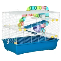 PawHut Jaula para Hámster Grande 79x46x60 cm Casa para Hámster con 3 Plataformas Tubos Comedero Bebedero 3 Rampas Rueda de Ejercicio y 2 Asas Portátiles Azul y Blanco(m-1)