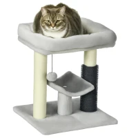 PawHut Arranhador para Gatos com 2 Postes de Arranhar Cama Plataforma em U e Escova Bola Suspensa 40x40x48 cm Cinza(m-10)