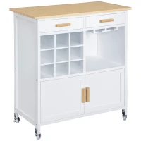 HOMCOM Carrinho de Cozinha Auxiliar com Rodas Carrinho de Cozinha com 2 Gavetas Suporte para 9 Garrafas Suporte para Taças Prateleira Aberta e Armário 76x40x88cm Branco(m-10)