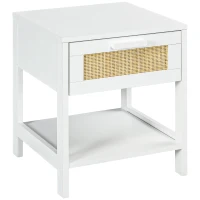 HOMCOM Table de chevet table de nuit avec tiroir et étagère, cannage en rotin, dim. 40L x 40l x 48H cm blanc(m-10)