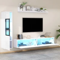 High Gloss TV Wall Unit Set with LED Lighting, Handleless Design, Includes TV Cabinet, Display Cabinet, Hanging Shelf, 457L x 84W x 76H cm, White(m-10)