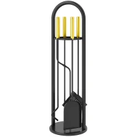 Outsunny Juego de Utensilios para Chimenea de 5 Piezas de Metal con Escoba Pala Tenazas Atizador y Soporte 20x20x71 cm Dorado(m-11)